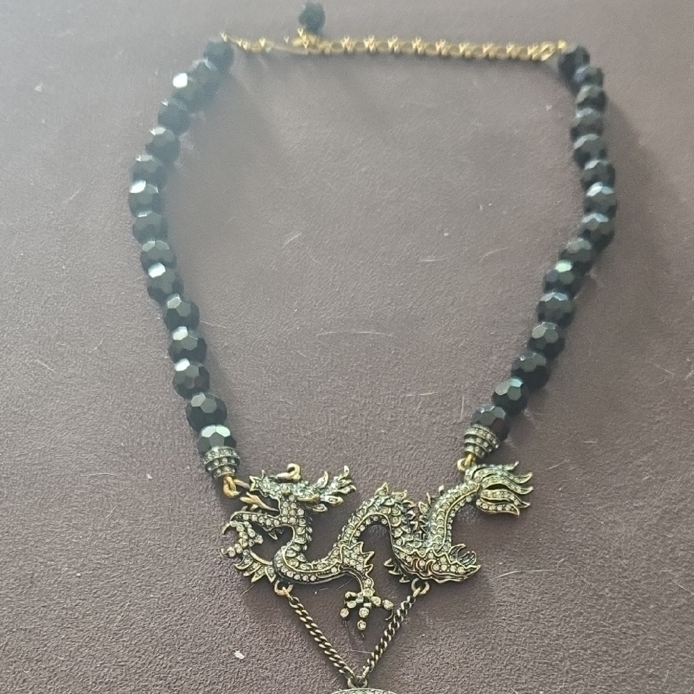 Heidi Daus Black Beaded Necklace with Gold Dragon Accent